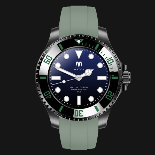 Mai Watch - Cassa NERO ghiera NERO cinturino VERDE chiusura NERO - frontale Mai Watch - Cassa NERO ghiera NERO cinturino VERDE chiusura NERO - frontale