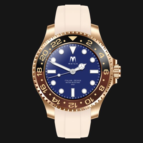 Mai Watch - Cassa GOLD ghiera GOLD GMT cinturino CIPRIA chiusura GOLD - frontale Mai Watch - Cassa GOLD ghiera GOLD GMT cinturino CIPRIA chiusura GOLD - frontale