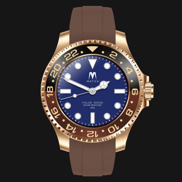 Mai Watch - Cassa GOLD ghiera GOLD GMT cinturino MARRONE chiusura GOLD - frontale Mai Watch - Cassa GOLD ghiera GOLD GMT cinturino MARRONE chiusura GOLD - frontale