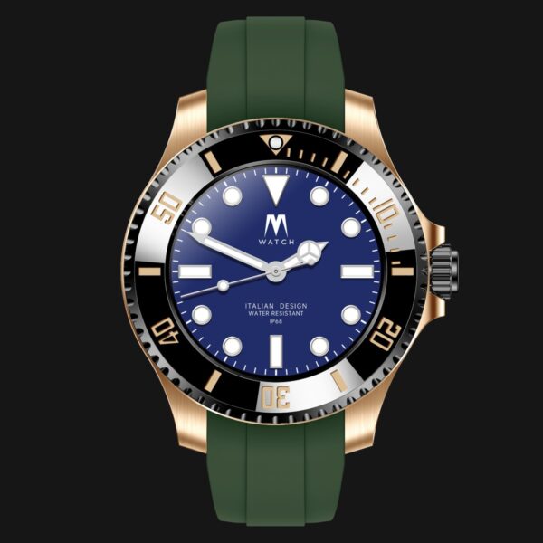 Mai Watch - Cassa GOLD ghiera NERO cinturino VERDE chiusura GOLD - frontale Mai Watch - Cassa GOLD ghiera NERO cinturino VERDE chiusura GOLD - frontale